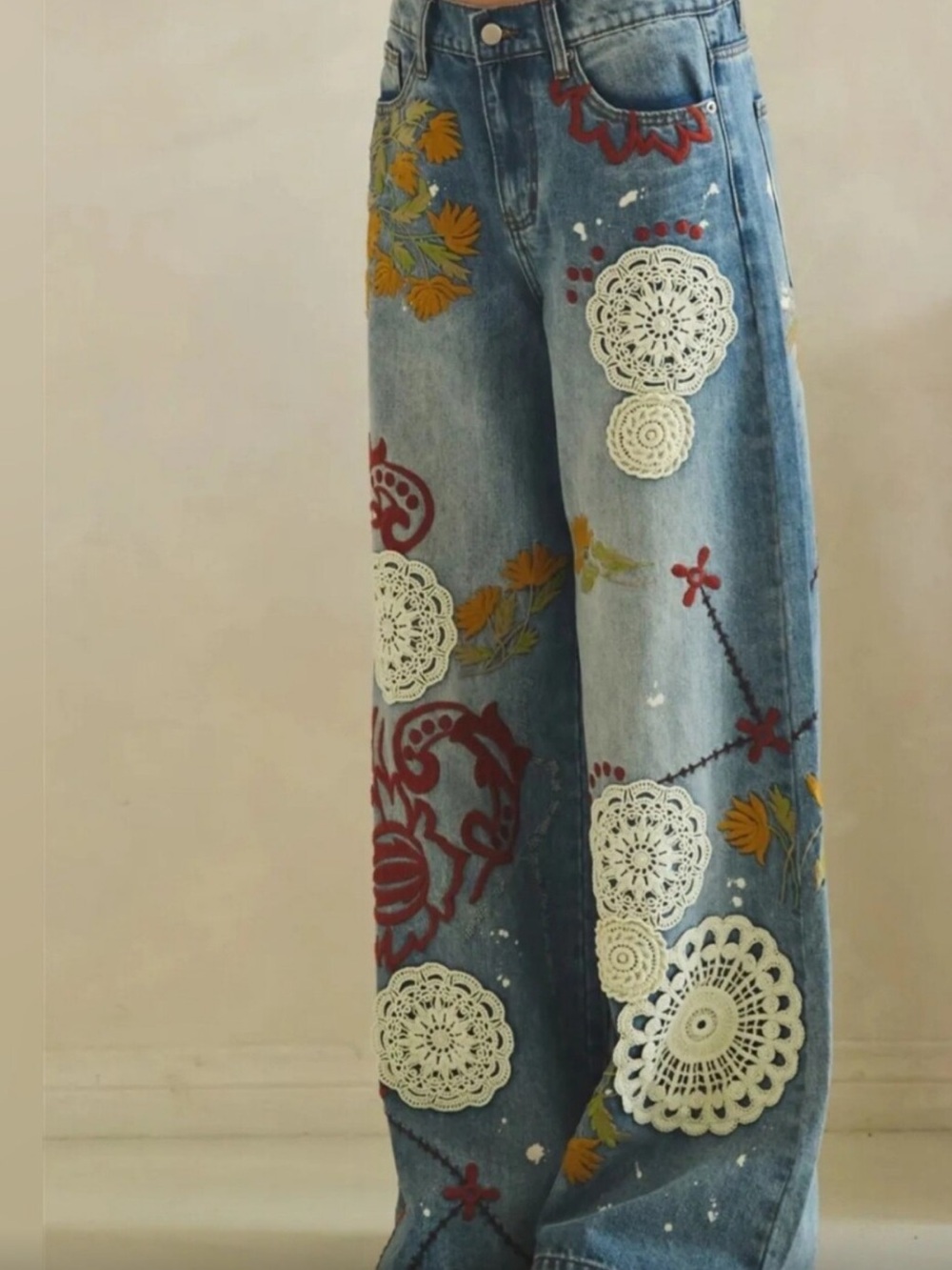 OLI & HALI Blue Wide-Leg Embroidered Patchwork Jeans Brand NEW sz XL - Picture 8 of 10
